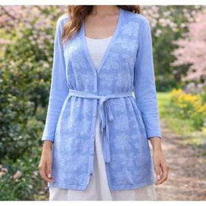 Laura Scott Cardigan Women 2X Blue Floral Pointelle Cotton Belted Button Front